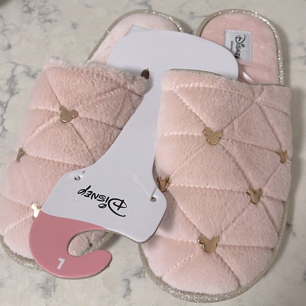 Disney’s : Mickey Mouse Pink & Gold Faux Fur Slippers | Size L | NWT